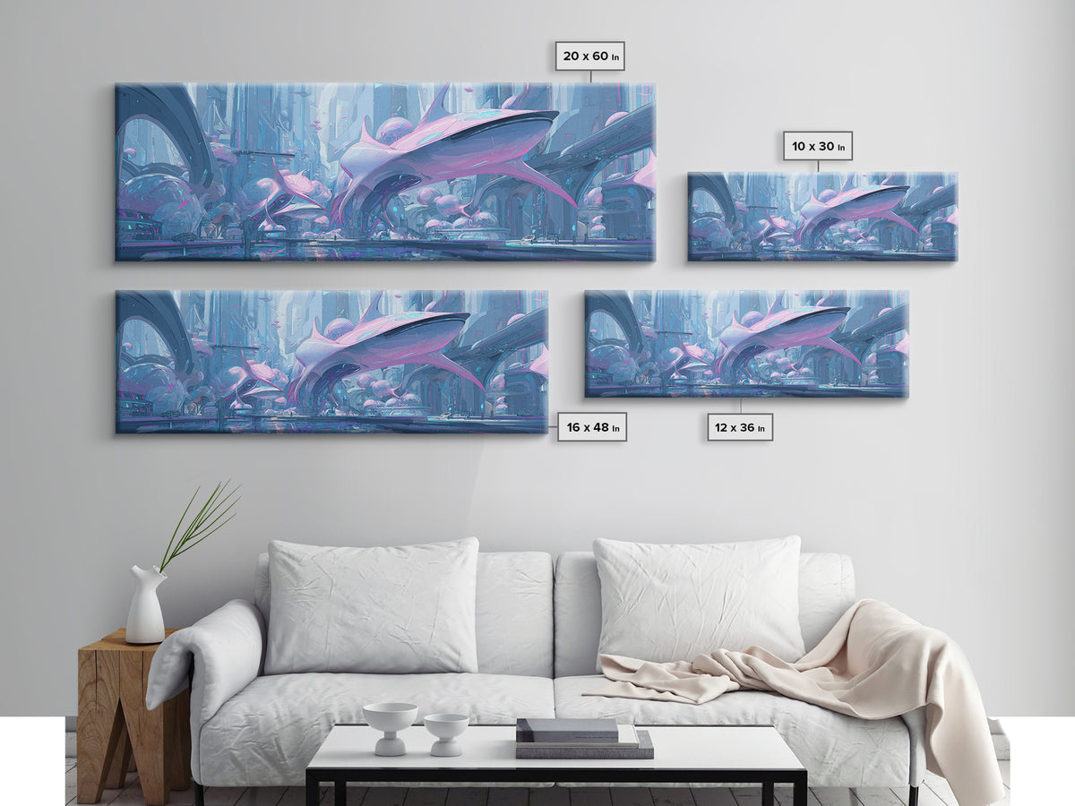 Future Ocean Lab Framed Canvas Print, Futuristic Art, Ai Art, Living Room Decor, Oil Painting, Future, Digital Poster, FUT-3x1-55