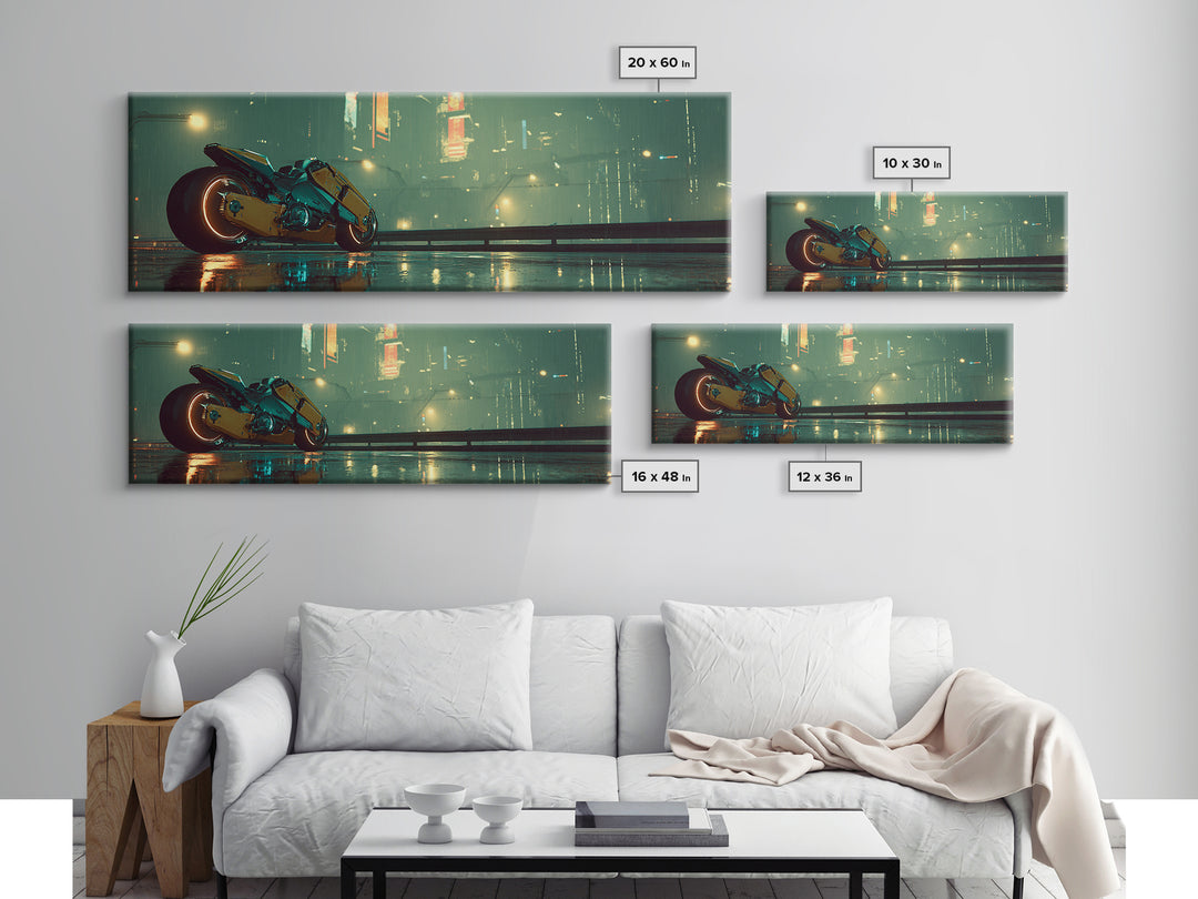 High Speed Hover Bike Trail of Light Framed Canvas Print, Futuristic Art, Textured Painting, Living Room Decor, Future, FUT-3x1-60