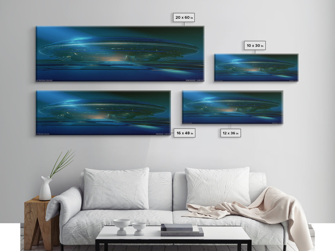 White and Blue Utopian Megastructure Canvas Print, Futuristic Art, Mid Century Modern, Living Room Decor, Fine Art, Future, FUT-3x1-76
