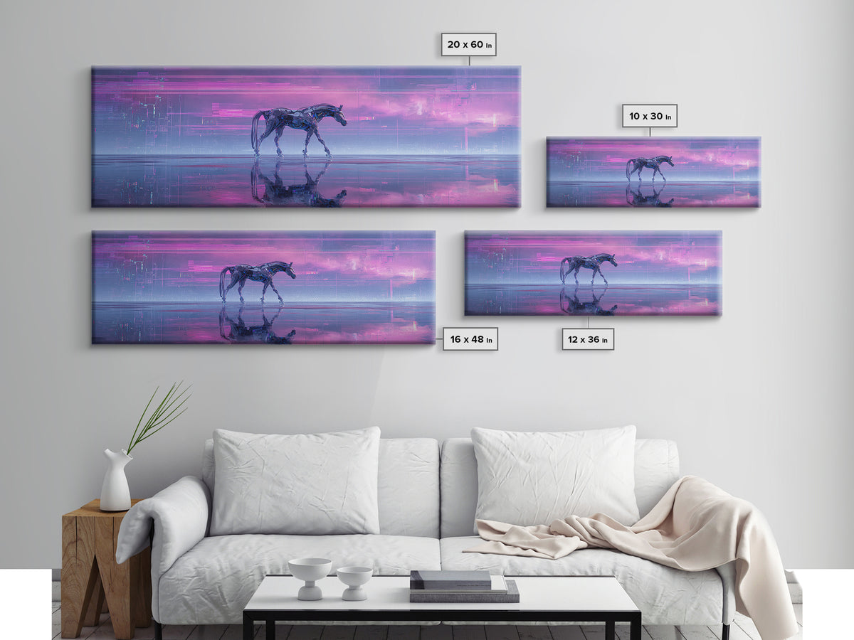 Cybernetic Horse in a Luminous Field Framed Canvas Print, Futuristic Art, Minimalist Decor, Living Room Decor, Fine Art, Future, FUT-3x1-77