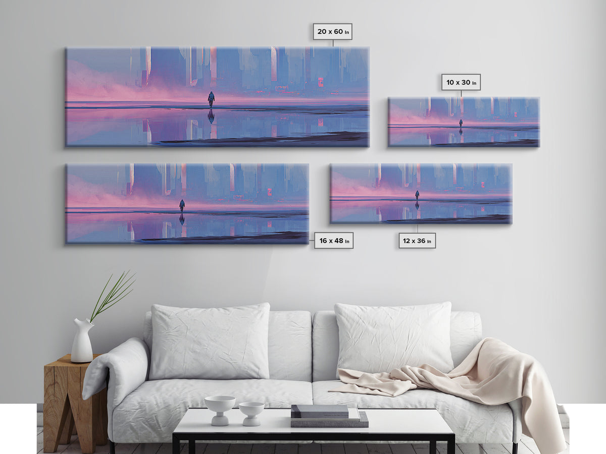 Silver Astronaut Walking Through Neon Desert Canvas Print, Futuristic Art, Canvas Wall Art, Living Room Decor, Oil Painting, FUT-3x1-93