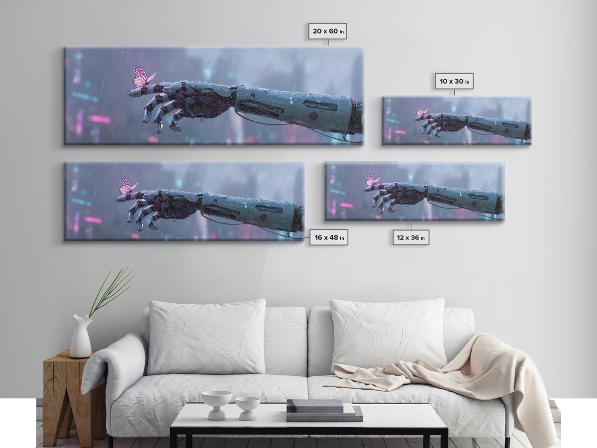 Robotic Hand Holding a Delicate Butterfly Canvas Print, Futuristic Art, Unique Wall Art, Living Room Decor, Fine Art, Future, FUT-3x1-96