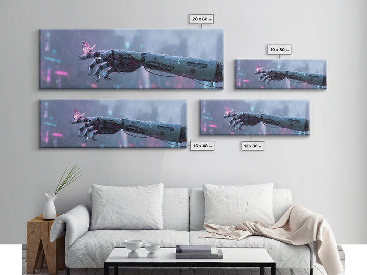 Robotic Hand Holding a Delicate Butterfly Canvas Print, Futuristic Art, Unique Wall Art, Living Room Decor, Fine Art, Future, FUT-3x1-96