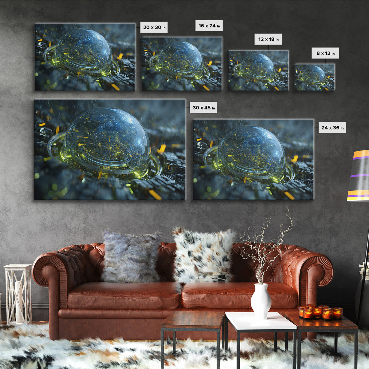 Orbital City Ring Around a Blue Planet Framed Canvas Print, Futuristic Art, Unique Home Decor, Living Room Decor, Future, FUT-3x2-14