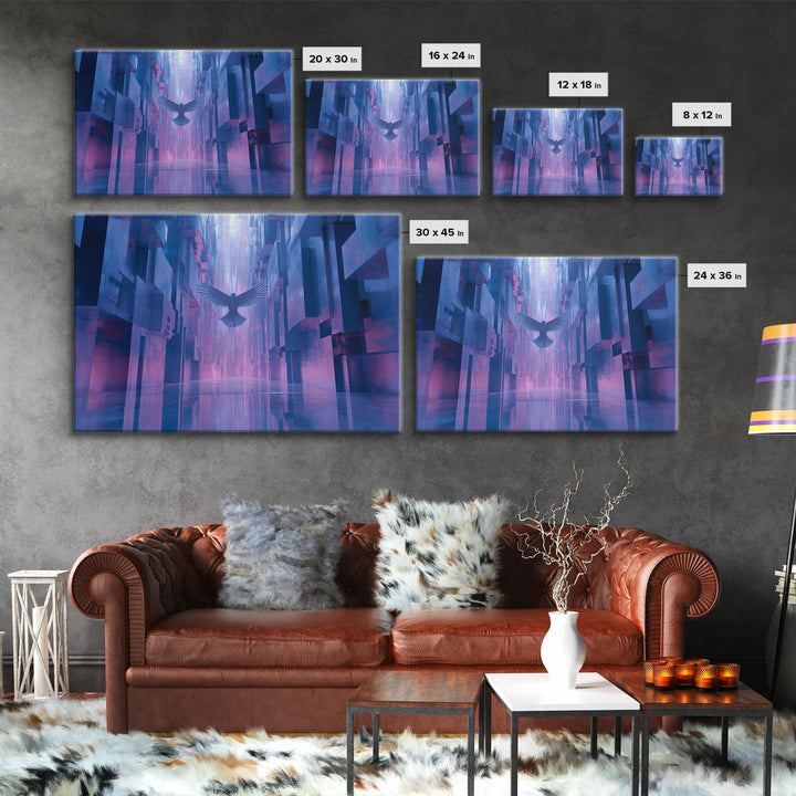 Futurist Bird Made of Panels and Light Framed Canvas Print, Futuristic Art, Steampunk Decor, Living Room Decor, Future, FUT-3x2-2