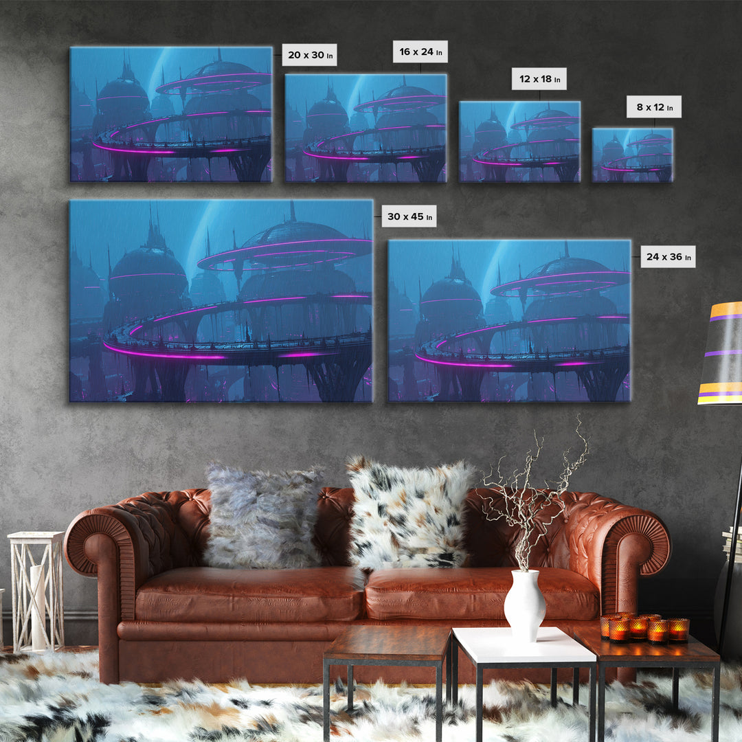 Orbital City Ring Around a Blue Planet Canvas Print, Futuristic Art, Modern Wall Decor, Living Room Decor, Fine Art, Future, FUT-3x2-38