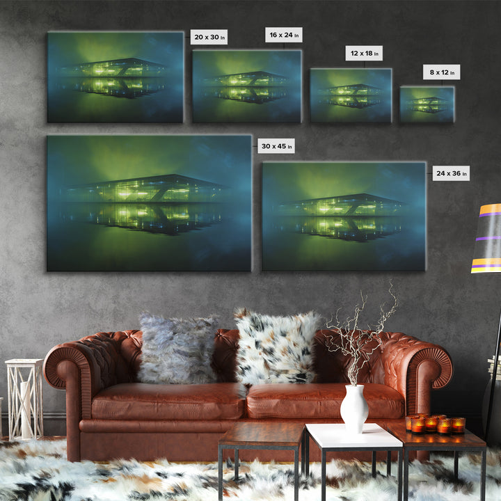 Floating Glass Architecture Above Reflective Water Canvas Print, Futuristic Art, Luxury Decor, Living Room Decor, Future, FUT-3x2-55