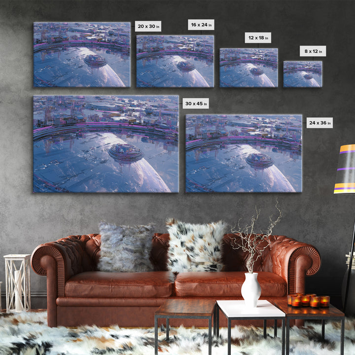 Orbital City Ring Around a Blue Planet Canvas Print, Futuristic Art, Modern Wall Decor, Living Room Decor, Fine Art, Future, FUT-3x2-62