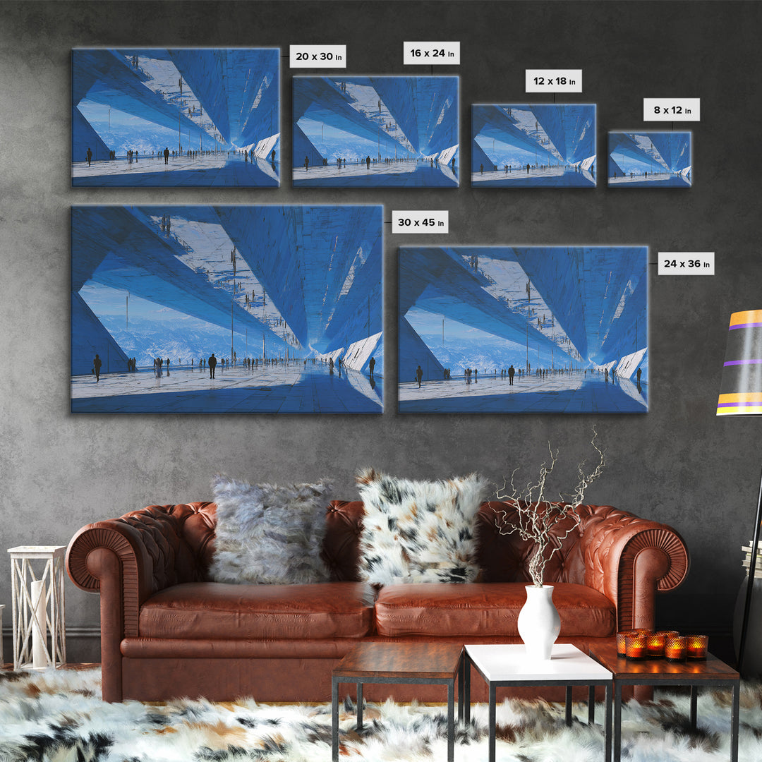 White and Blue Utopian Megastructure Framed Canvas Print, Futuristic Art, Landscape Art, Living Room Decor, Abstract Art, FUT-3x2-64
