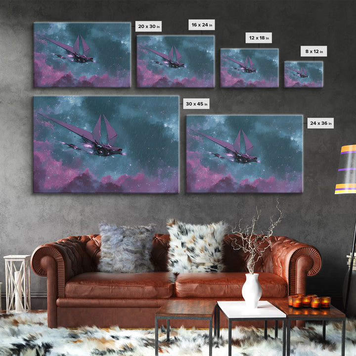 Solar Sail Ship Crossing Star Filled Space Framed Canvas Print, Futuristic Art, Digital Art, Living Room Decor, Future, FUT-3x2-69