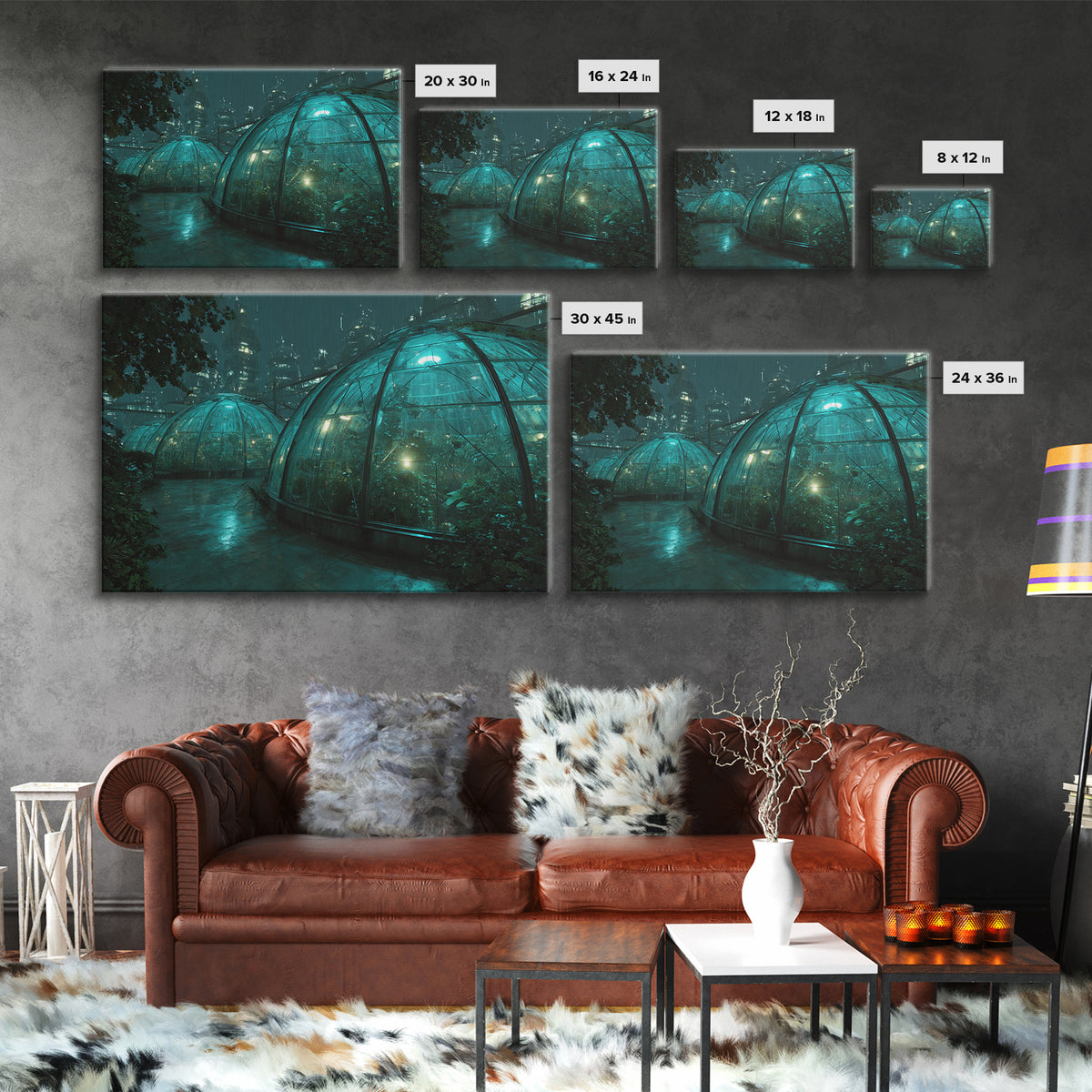 Futuristic Botanical Greenhouse Framed Canvas Print, Futuristic Art, Neutral Decor, Living Room Decor, Fine Art, Future, FUT-3x2-70