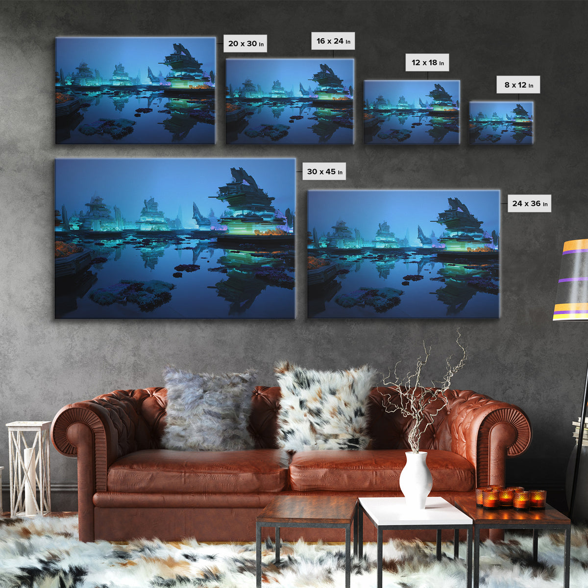 Bioluminescent Garden in a Future Habitat Framed Canvas Print, Futuristic Art, Minimalist Decor, Living Room Decor, Future, FUT-3x2-8