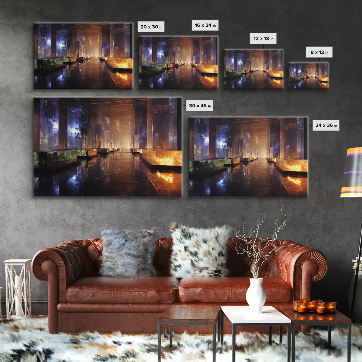 Bioluminescent Garden in a Future Habitat Framed Canvas Print, Futuristic Art, Cyberpunk Decor, Living Room Decor, Future, FUT-3x2-80