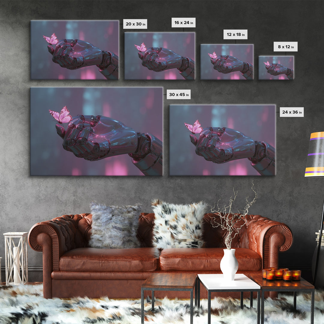 Robotic Hand Holding a Delicate Butterfly Canvas Print, Futuristic Art, Digital Poster, Living Room Decor, Fine Art, Future, FUT-3x2-84