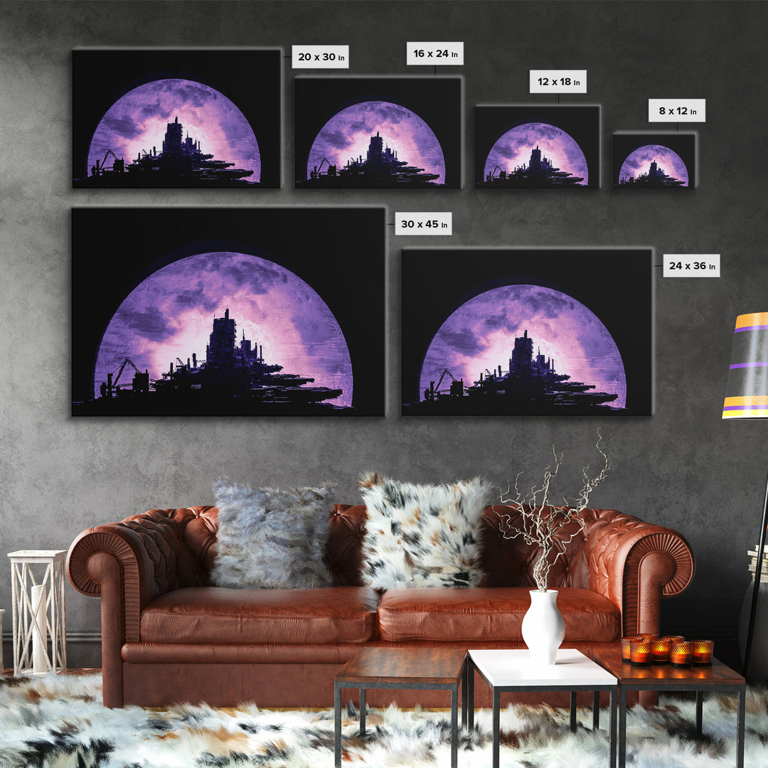 Moon Colony Silhouette Framed Canvas Print, Futuristic Art, Digital Print, Living Room Decor, Watercolor Art, Future, FUT-3x2-97