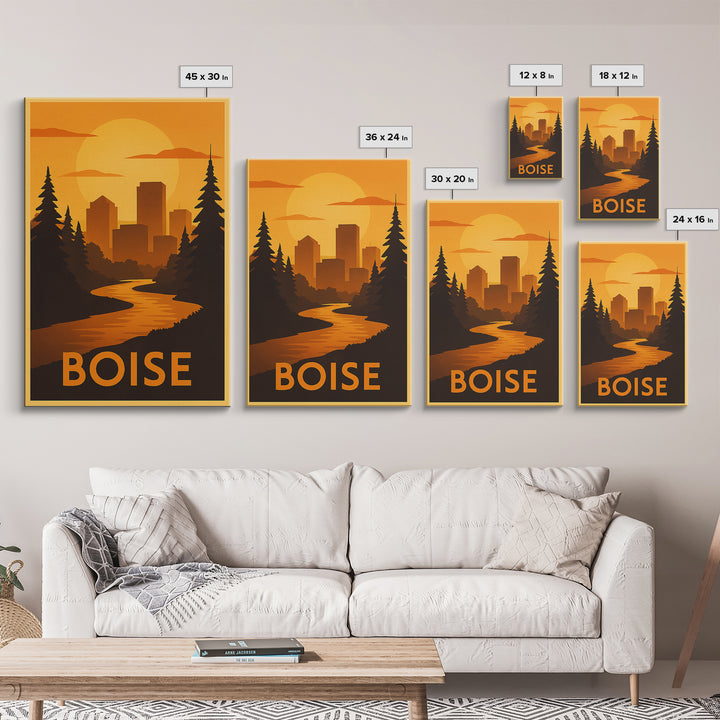 Boise Travel Poster, Canvas Print, Gold Art Deco Poster Art, Boise Wall Art, City Illustration, City Art Print, Gift For Travelers