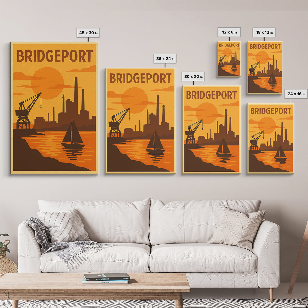 Bridgeport Connecticut Travel Poster, Canvas Print, Warm Sunset Silhouette Art, Bridgeport City Art, Travel Print, Watercolor Skyline Art