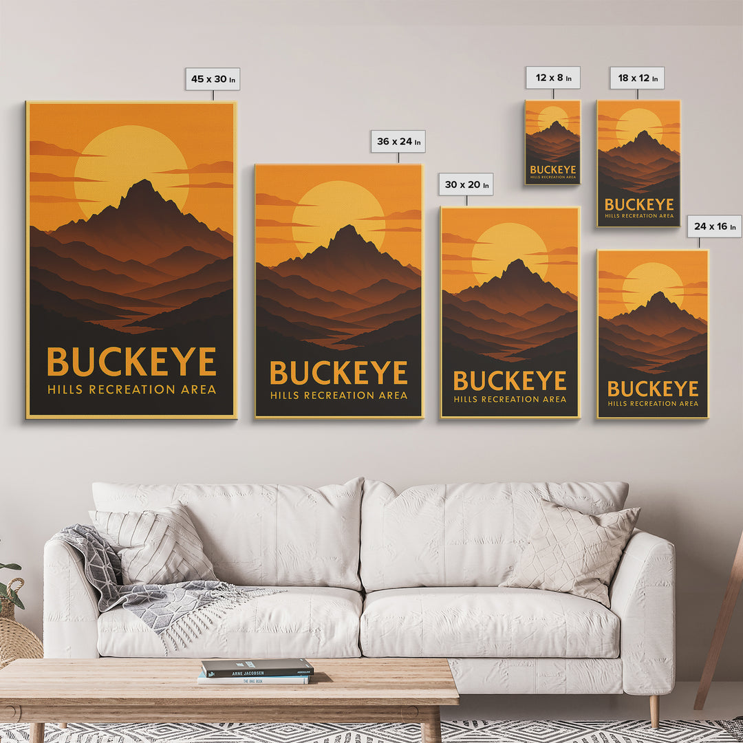 Buckeye Travel Poster, Canvas Print, Warm Sunset Silhouette Art, Buckeye Travel Art, Travel Wall Art, Eclectic Wall Decor, City Art Print