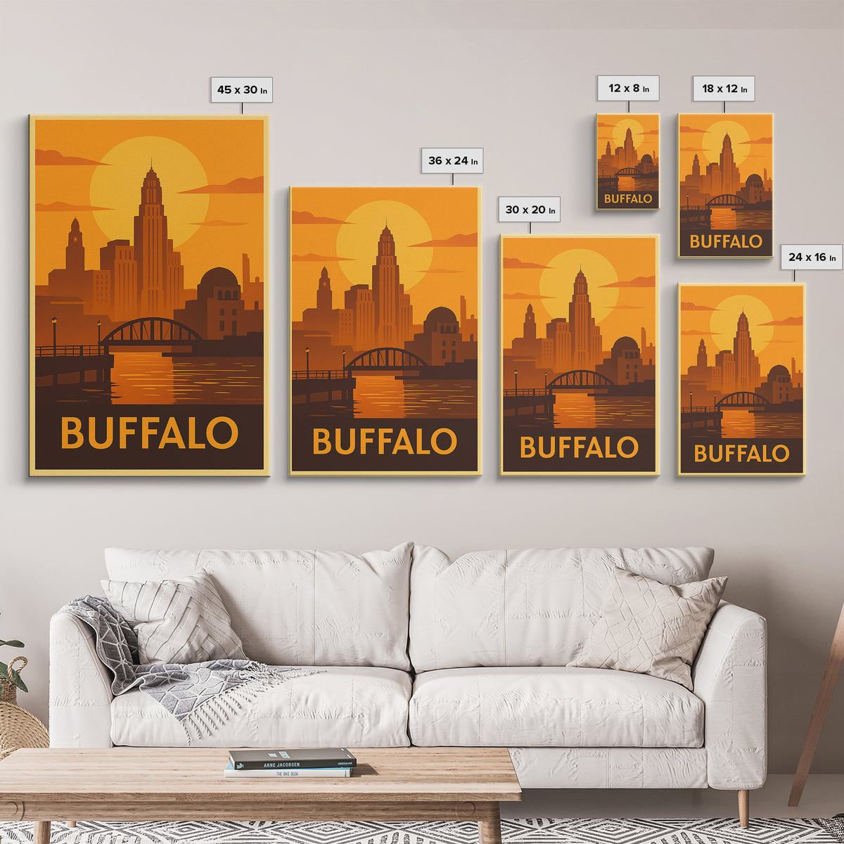 Buffalo Travel Poster, Framed Canvas Print, Golden Travel Poster Art, Buffalo Travel Art, Home Office Decor, Watercolor Skyline
