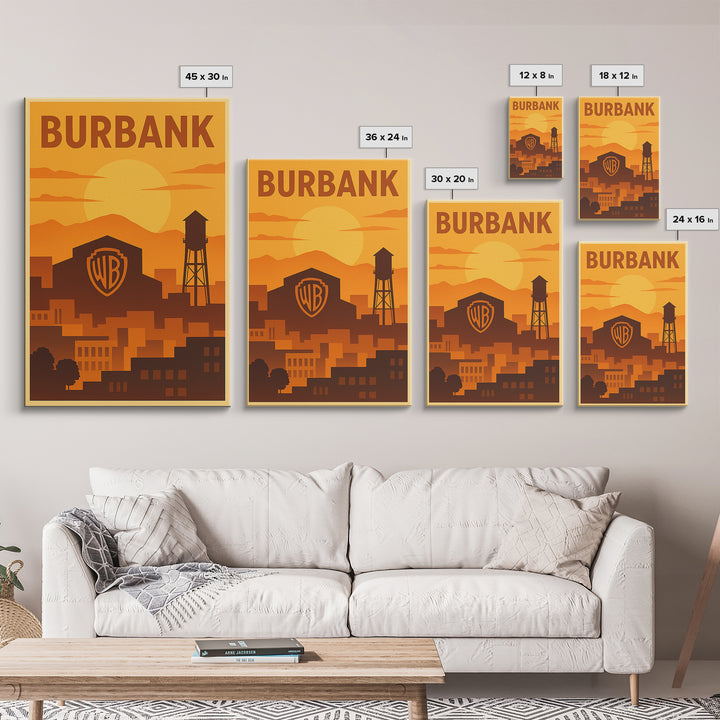 Burbank California Travel Poster, Canvas Print, Gold Art Deco Poster Art, Burbank Wall Art, Skyline Art, Poster Art, Gift For Travelers