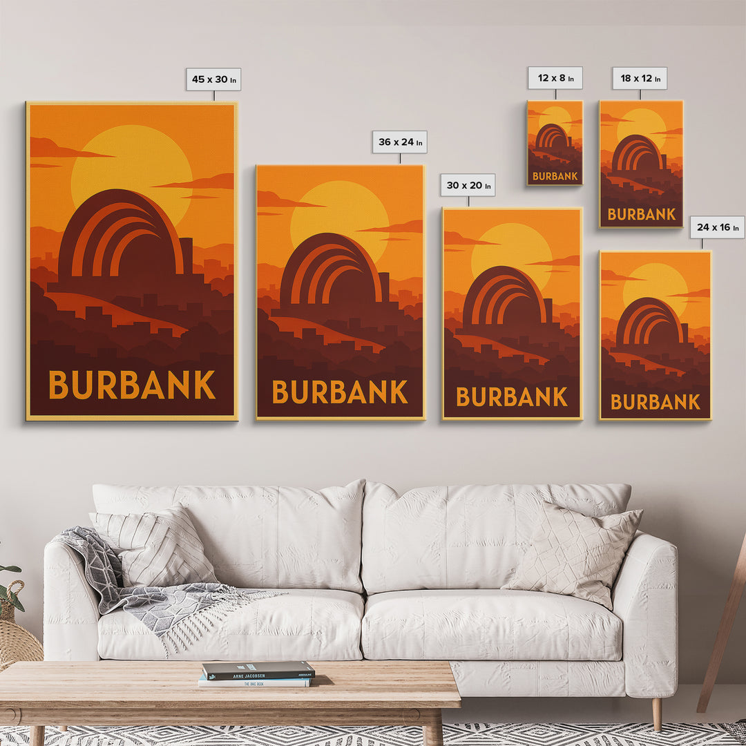 Burbank Travel Poster, Canvas Print, Warm Sunset Silhouette Art, Burbank Wall Art, Mid Century Wall Art, Vintage Travel Print, Design 2