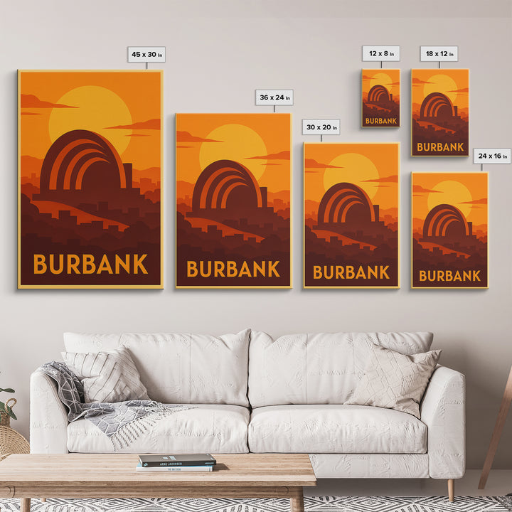 Burbank Travel Poster, Canvas Print, Warm Sunset Silhouette Art, Burbank Wall Art, Mid Century Wall Art, Vintage Travel Print, Design 2