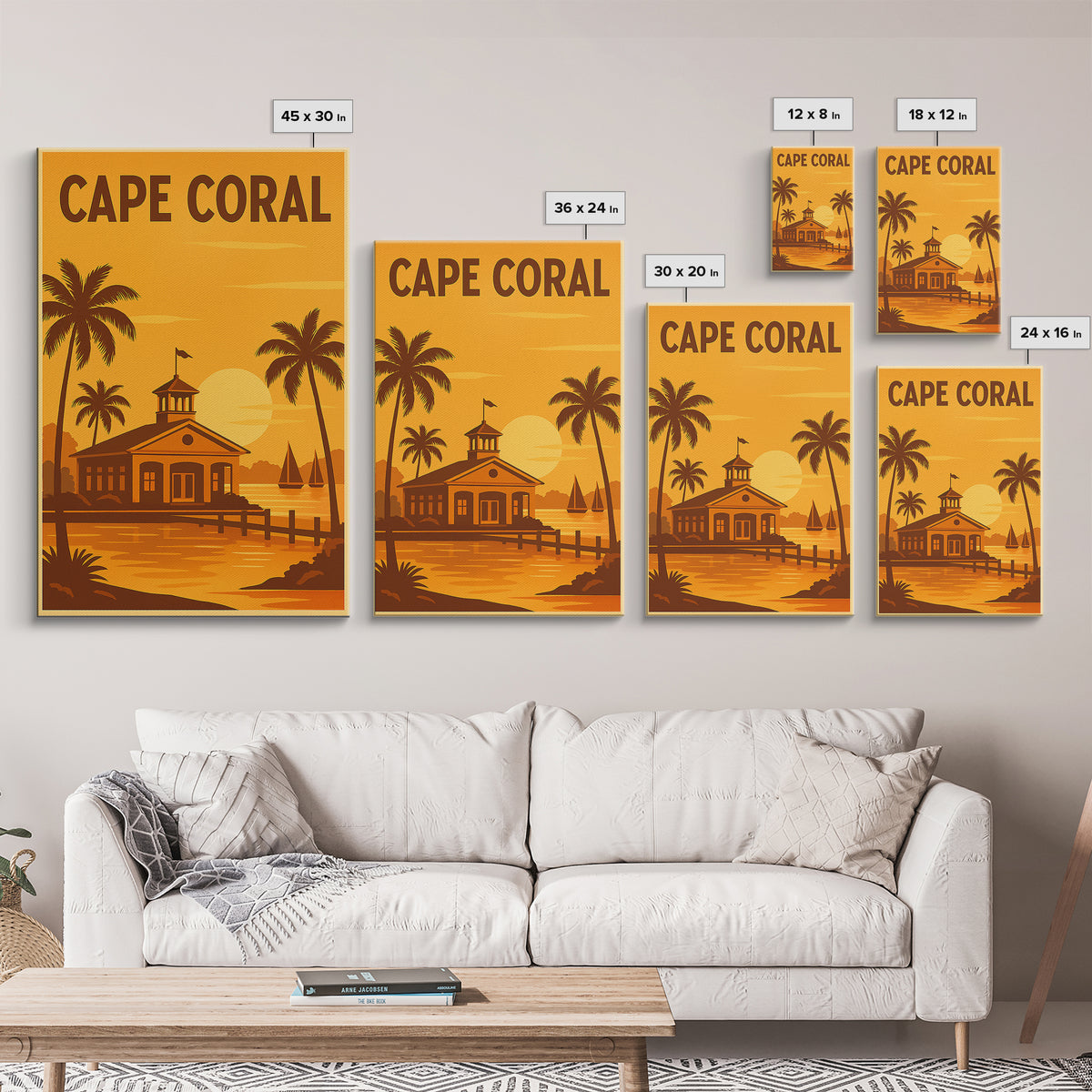 Cape Coral Florida Travel Poster, Framed Canvas Print, Golden Travel Poster Art, Cape Coral City Art, Wanderlust Decor, Eclectic Wall Decor