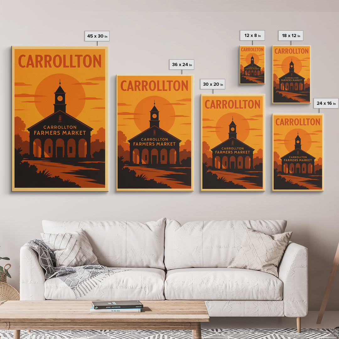 Carrollton Texas Travel Poster, Framed Canvas Print, Golden Travel Poster Art, Carrollton City Art, Home Office Decor, Retro Travel Print