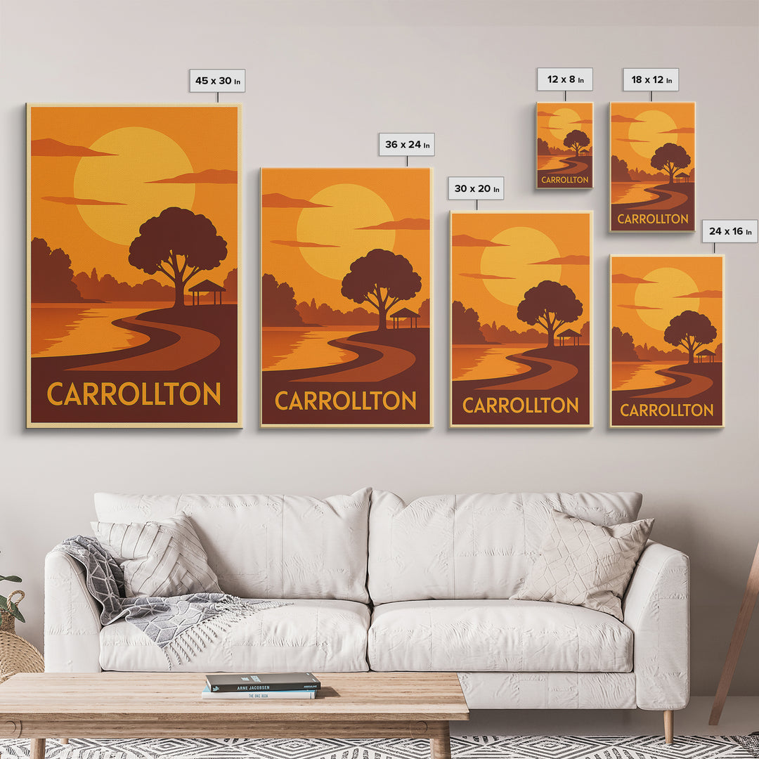 Carrollton Travel Poster, Canvas Print, Gold Art Deco Poster Art, Carrollton Art Print, Wanderlust Decor, Watercolor Downtown Skyline