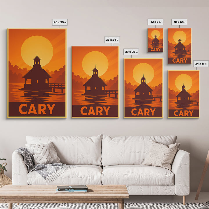 Cary Travel Poster, Framed Canvas Print, Golden Travel Poster Art, Cary City Art, City Travel Prints, Retro Travel Print, City Art Print