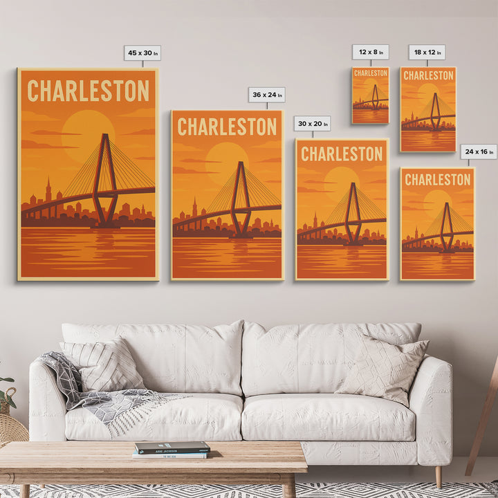 Charleston South Carolina Travel Poster, Canvas Print, Warm Sunset Silhouette Art, Charleston City Art, Fine Art Print, Travel Poster Art