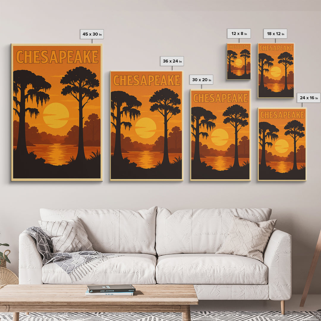 Chesapeake Virginia Travel Poster, Canvas Print, Warm Sunset Silhouette Art, Chesapeake Wall Art, City Travel Prints, Vintage City Poster