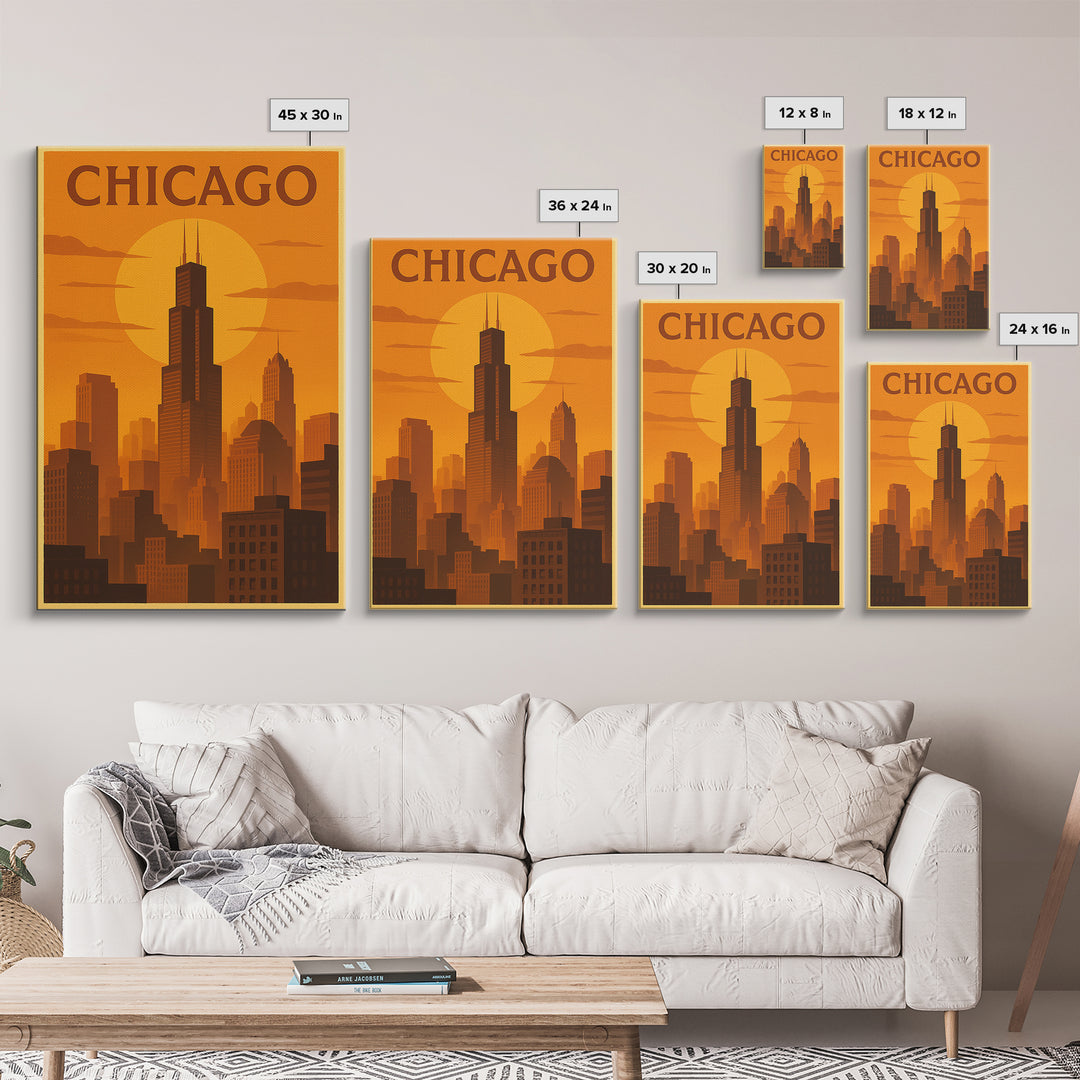 Chicago Illinois Travel Poster, Canvas Print, Warm Sunset Silhouette Art, Chicago Poster Print, Travel Print, Travel Wall Art, Home Decor