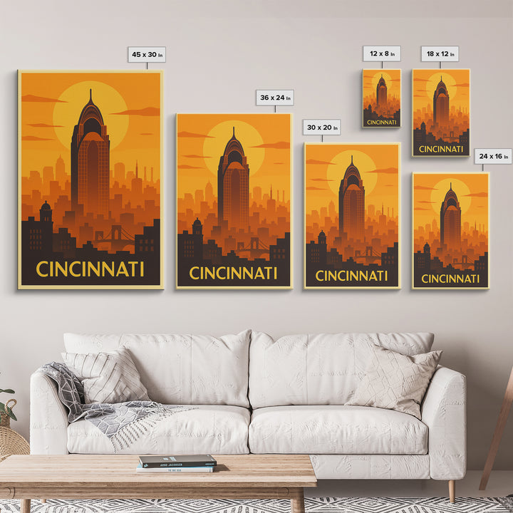 Cincinnati Travel Poster, Framed Canvas Print, Warm Sunset Silhouette Art, Cincinnati Art Print, Retro Travel Print, Gift For Travelers