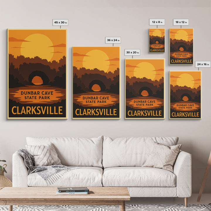 Clarksville Travel Poster, Canvas Print, Warm Sunset Silhouette Art, Clarksville Wall Art, Modern Wall Decor, City Illustration