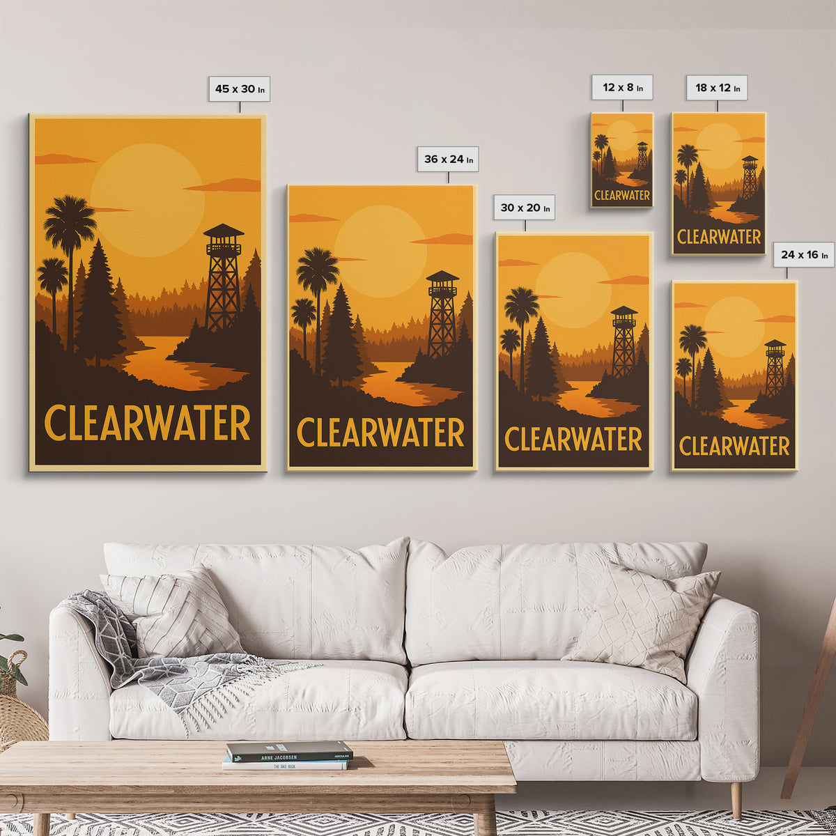Clearwater Travel Poster, Framed Canvas Print, Golden Travel Poster Art, Clearwater City Art, City Travel Prints, Travel Poster Art