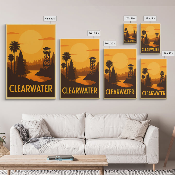 Clearwater Travel Poster, Framed Canvas Print, Golden Travel Poster Art, Clearwater City Art, City Travel Prints, Travel Poster Art
