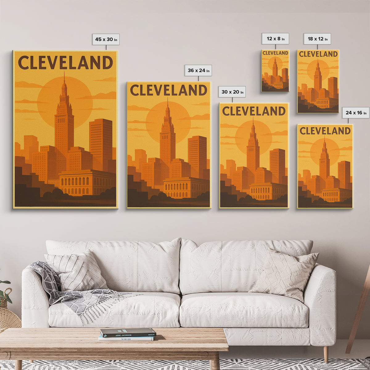 Cleveland Ohio Travel Poster, Framed Canvas Print, Golden Travel Poster Art, Cleveland Travel Art, Modern Wall Decor, Travel Poster Art