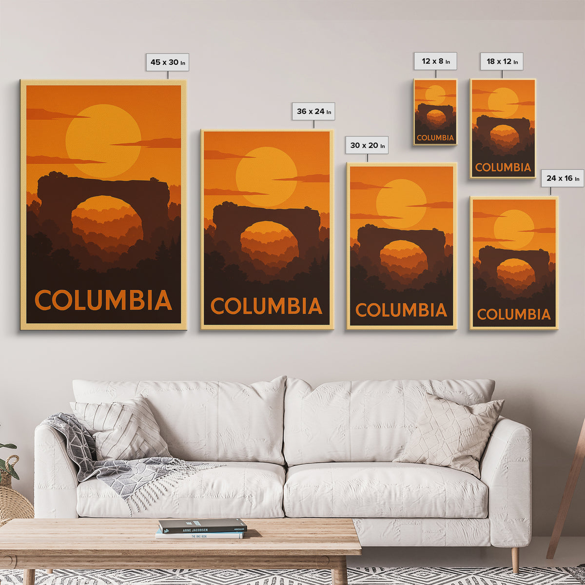 Columbia Travel Poster, Canvas Print, Warm Sunset Silhouette Art, Columbia City Art, Retro Travel Print, Eclectic Wall Decor, Wall Art