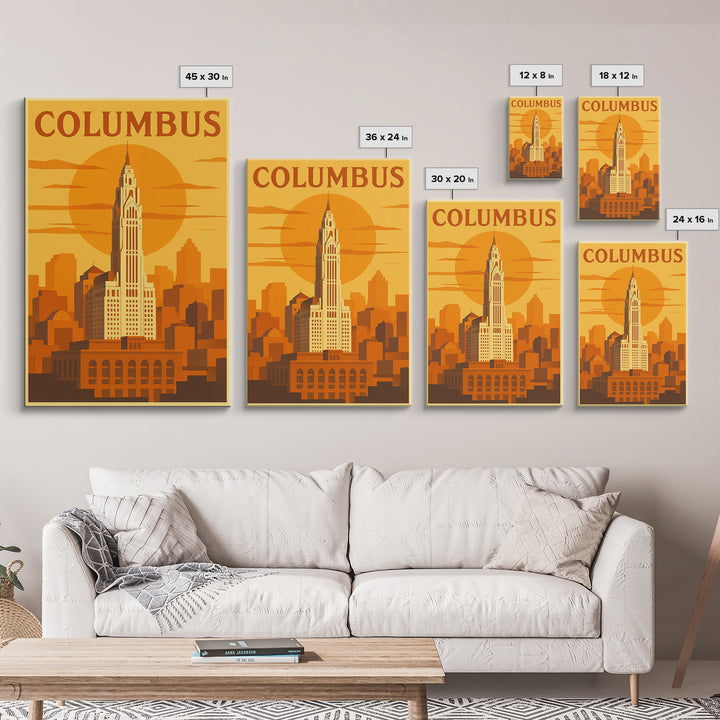 Columbus Travel Poster, Framed Canvas Print, Golden Travel Poster Art, Columbus Travel Art, Wanderlust Decor, City Illustration