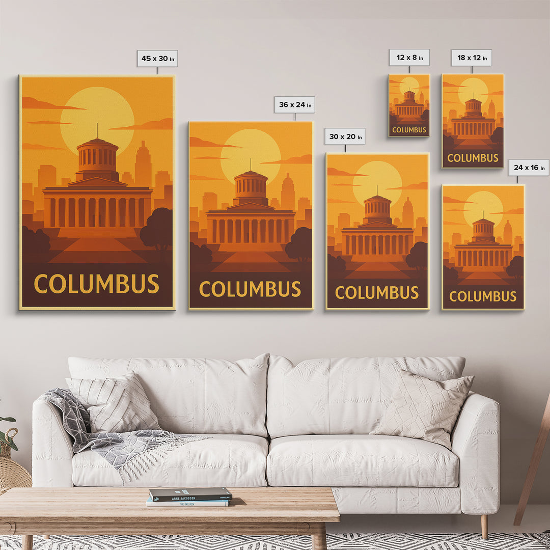 Columbus Travel Poster, Framed Canvas Print, Warm Sunset Silhouette Art, Columbus City Art, Living Room Wall Art, Travel Poster Set