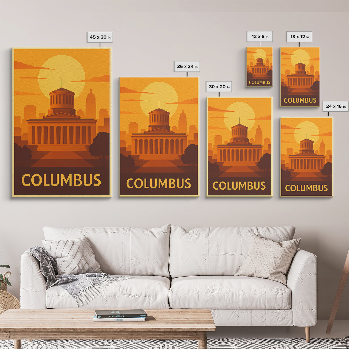Columbus Travel Poster, Framed Canvas Print, Warm Sunset Silhouette Art, Columbus City Art, Living Room Wall Art, Travel Poster Set