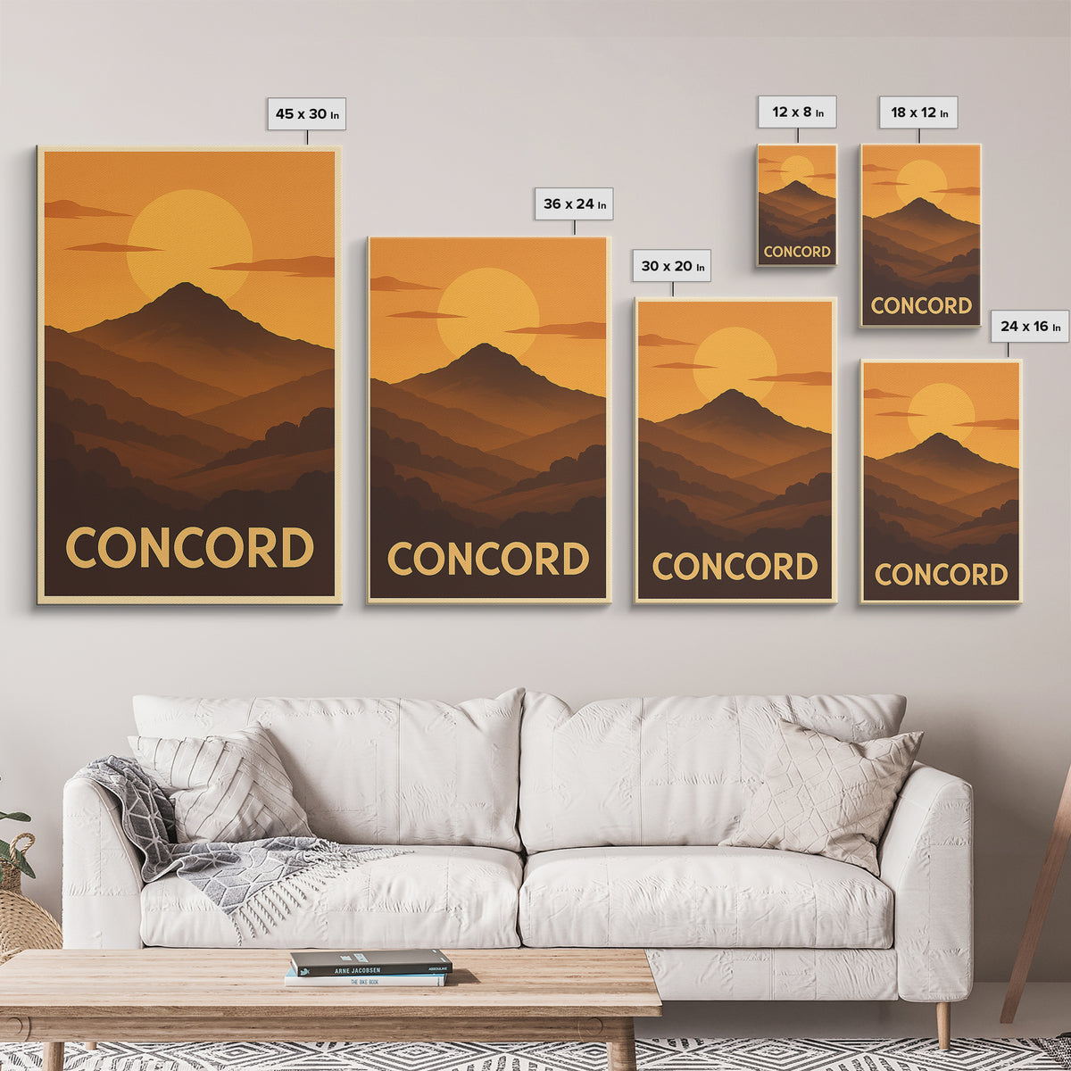 Concord Travel Poster, Canvas Print, Warm Sunset Silhouette Art, Concord Wall Art, Travel Poster Set, Mid Century Wall Art, Home Decor