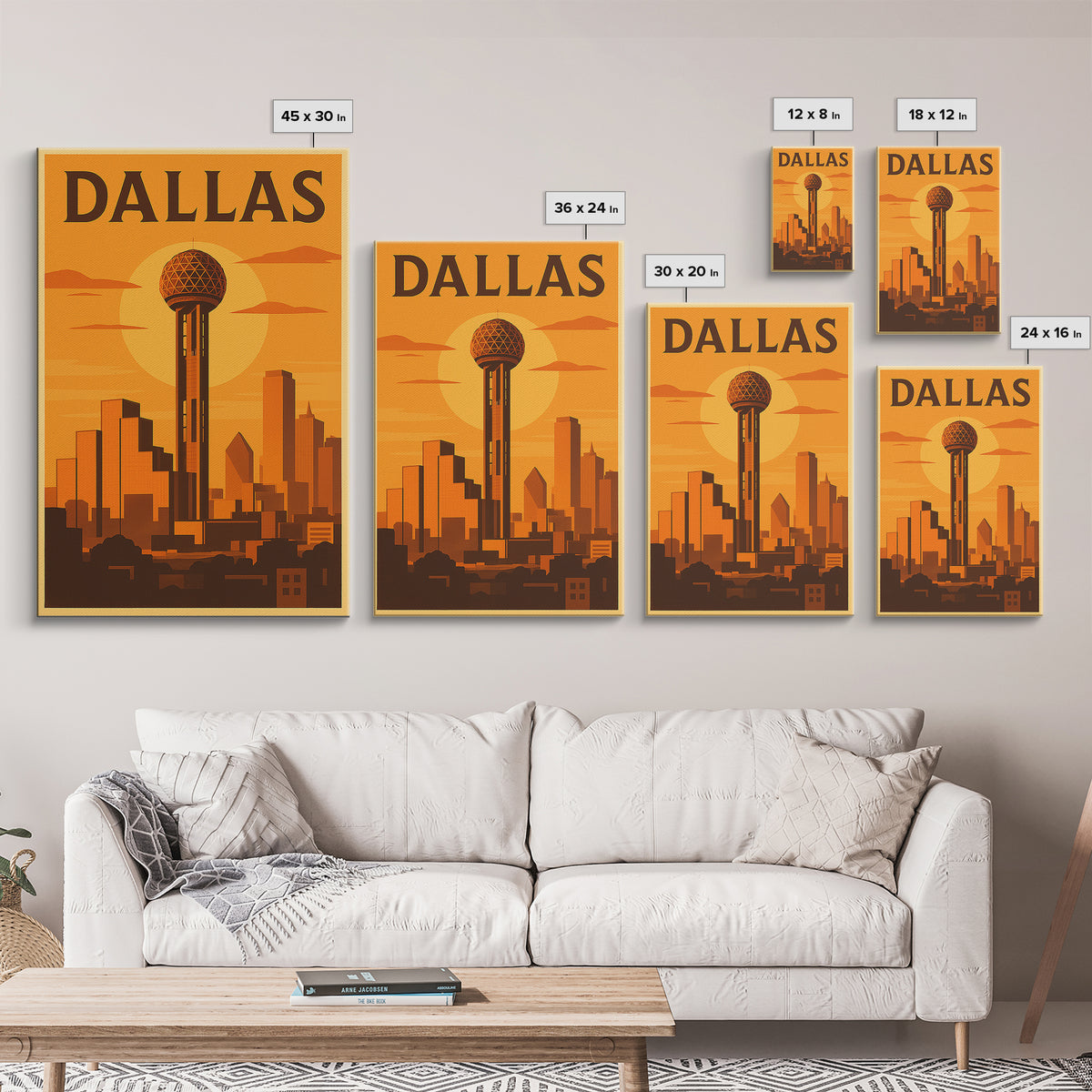 Dallas Texas Travel Poster, Canvas Print, Golden Poster Art, Dallas Wall Art, City Illustration, Mid Century Wall Art, Vintage Travel Art