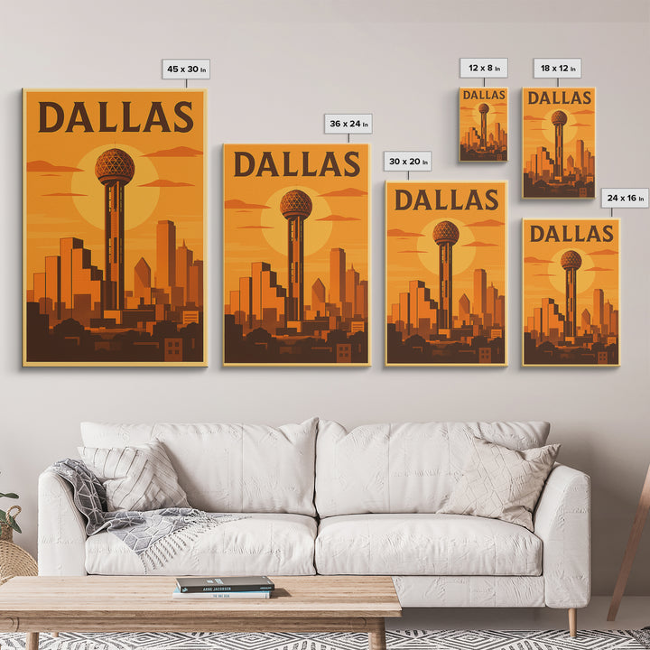 Dallas Texas Travel Poster, Canvas Print, Golden Poster Art, Dallas Wall Art, City Illustration, Mid Century Wall Art, Vintage Travel Art