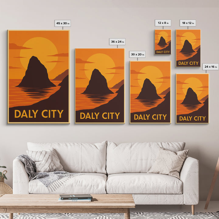 Daly City Travel Poster, Framed Canvas Print, Gold Art Deco Poster Art, Daly City Wall Art, Gift For Travelers, Fine Art Print