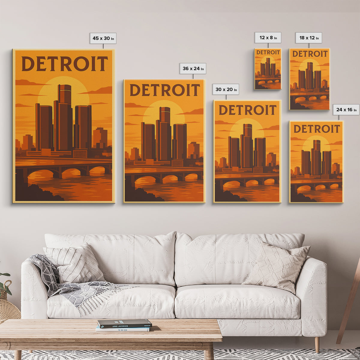 Detroit Michigan Travel Poster, Canvas Print, Warm Sunset Silhouette Art, Detroit Wall Art, City Illustration, Wanderlust Decor, Wall Art