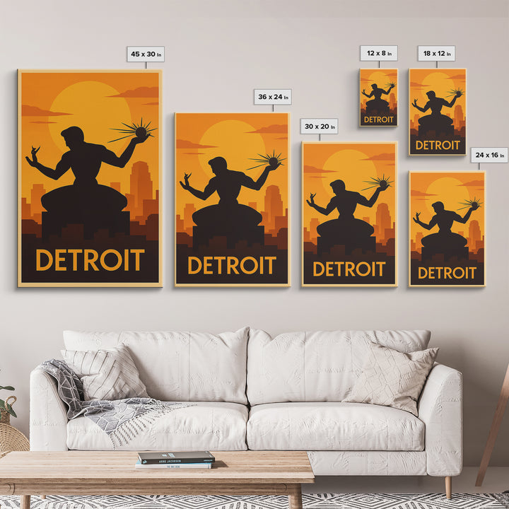 Detroit Travel Poster, Framed Canvas Print, Vintage Deco Wall Art, Detroit Travel Art, City Art Print, Travel Wall Art, Fine Art Print