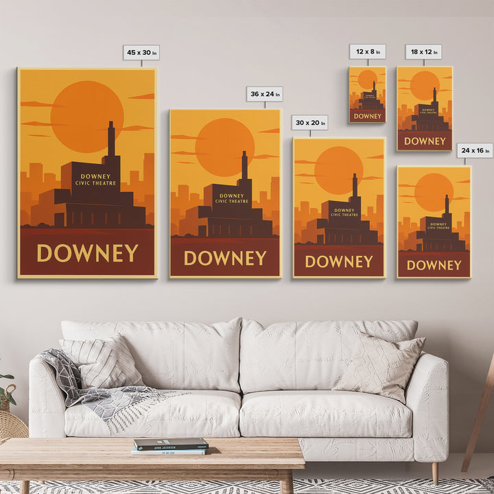Downey Travel Poster, Framed Canvas Print, Vintage Deco Wall Art, Downey City Art, Travel Poster Art, Retro Travel Print, Travel Posters