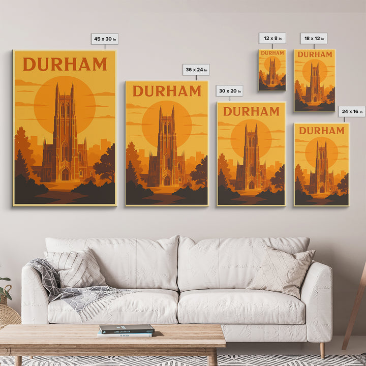 Durham North Carolina Travel Poster, Canvas Print, Warm Sunset Silhouette Art, Durham Wall Art, Vintage City Art, Travel Wall Art